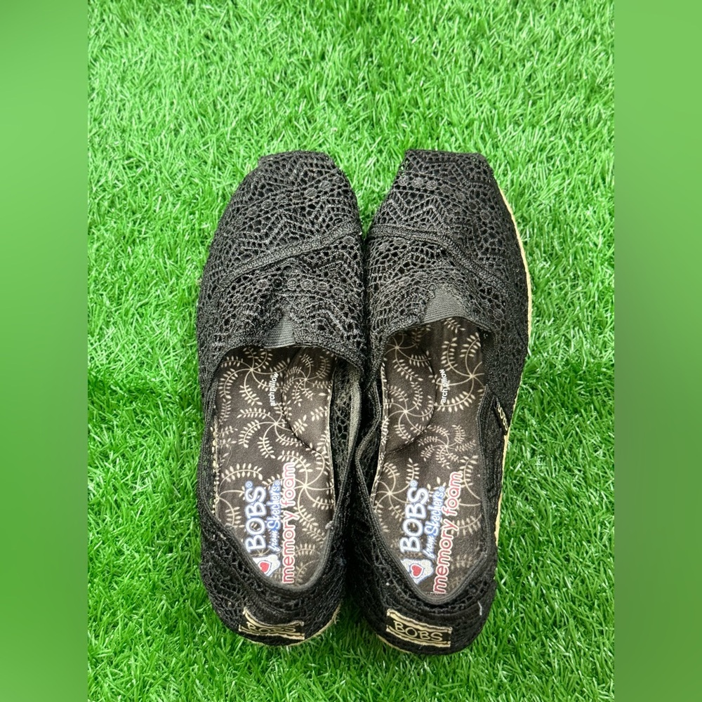Bobs from Skechers Shoes Womens 7.5 Amaze Espadrille Black Mesh Crochet 34103